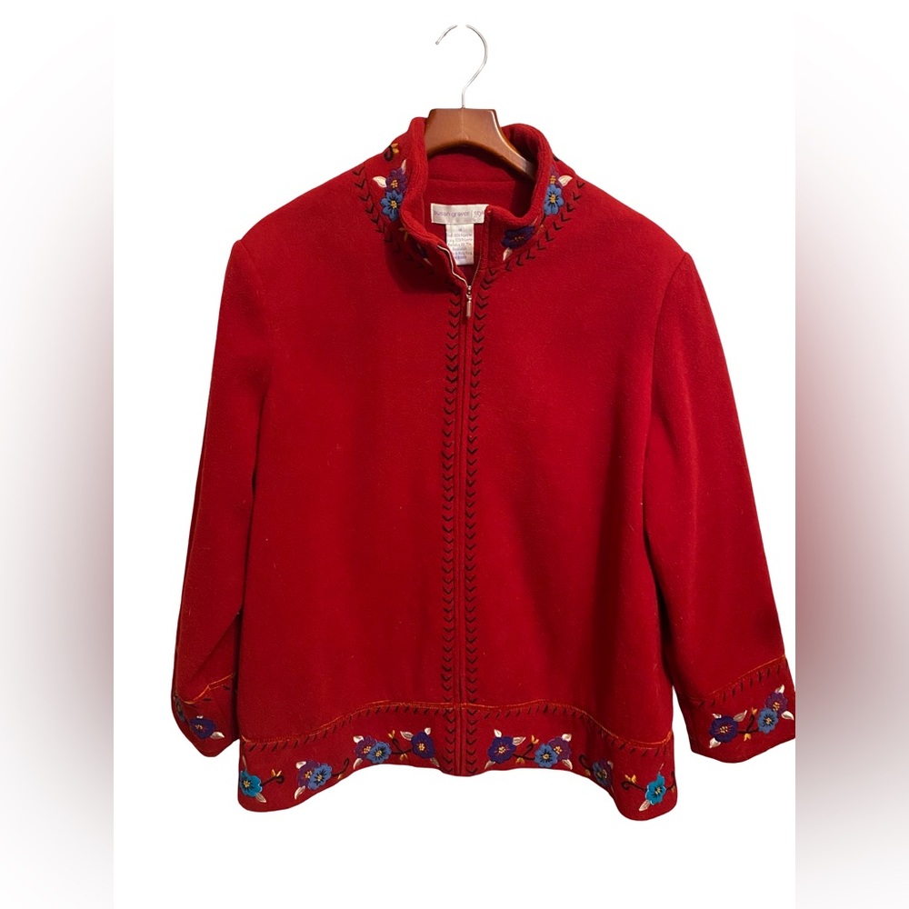Susan Graver Style Fleece Jacket Women’s 1X Embroidered Floral Trim Lined Zip